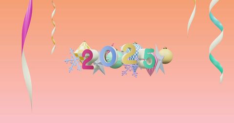 Colorful 2025 with Festive Holiday Decorations on Pastel Gradient