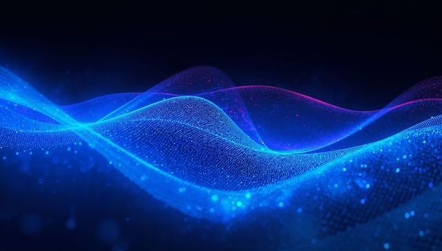 Flowing glowing particle wave mesh visualizing digital data stream in neon holographic