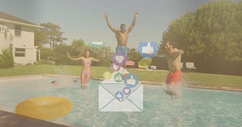 Splashing friends enjoying outdoor backyard pool fun