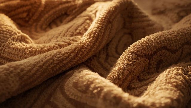 Plush tan blanket draping on bed showing looped pile spiral pattern and terry texture