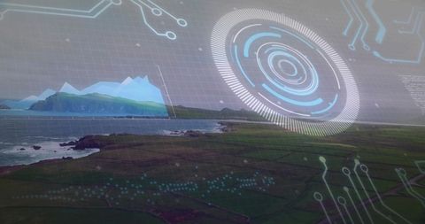 Futuristic Holographic Interface Over Coastal Farmland