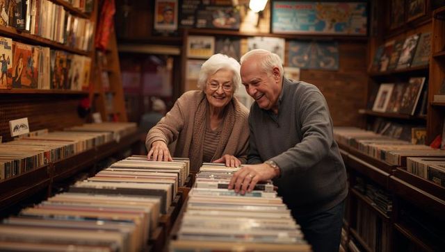 Senior couple browsing vintage vinyl records in cozy wooden record shop, smiling together