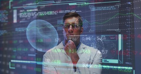 Doctor analyzing covid-19 data on digital screen interface