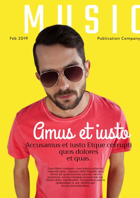 Stylish man wearing sunglasses and a red shirt exemplifies contemporary music fashion on cover of a magazine. Ideal for promotions on music trends, fashion aesthetics, and youth lifestyle branding.