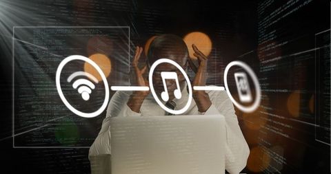 Frustrated businessman navigating digital network connections