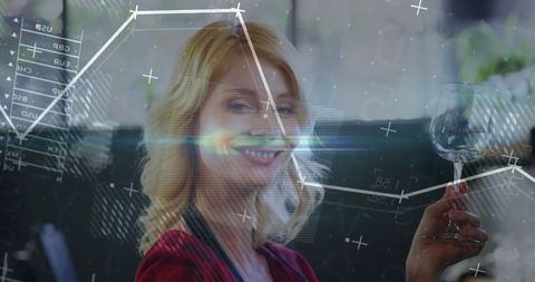 Smiling Woman Toasting with Wine and Digital Analytics Overlay