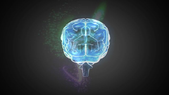 Futuristic digital representation of a brain hologram set against a black background, glowing with luminescent blue and green colors. Perfect for illustrating concepts in medical technology, artificial intelligence, and neuroscience. Ideal for use in educational materials, sci-fi themes, or tech-related graphic designs.