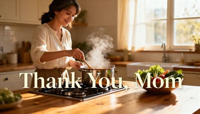 Thank you, mom — woman stirring pot and cooking in sunlit rustic home kitchen