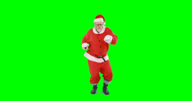 Santa Claus wearing traditional red costume dancing on a vibrant green screen background. This image is perfect for holiday-themed promotions, festive videos, and Christmas advertisements. Ideal for digital content creators needing a cheerful and festive character for various media projects. The isolated green background allows for easy integration into various designs.