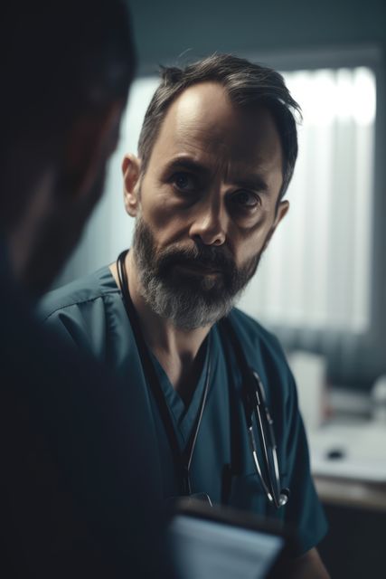 Male doctor in hospital setting conversing with another individual, showing concern and professionalism. Suitable for use in healthcare articles, medical websites, and promotional materials for health services. Highlights the serious and caring nature of medical professionals.