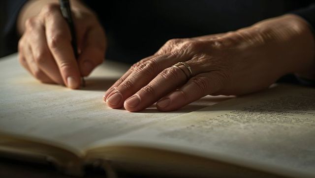 Senior hands annotating vintage book under warm light, writing notes with wedding band visible