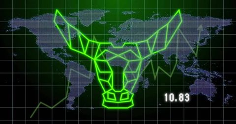 Neon low-poly bull head overlaying world map on futuristic trading hud with market graph