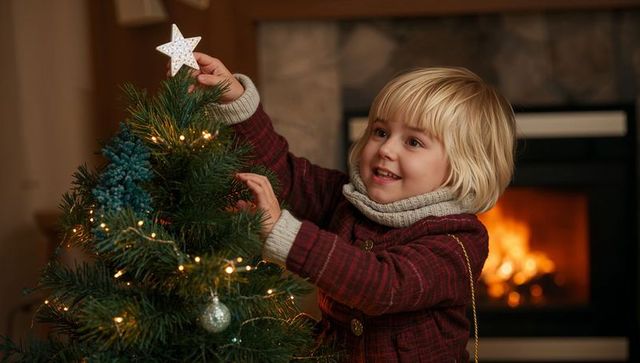 Child decorating christmas tree by fireplace in cozy home