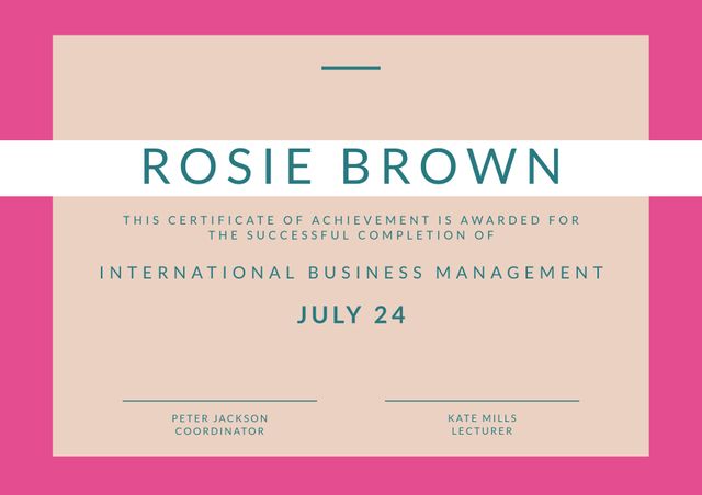 Elegant certificate of achievement featuring a bold pink border and sophisticated design. Highlights 'International Business Management' completion, making it perfect for educational institutions and corporate training programs to acknowledge student or employee success.