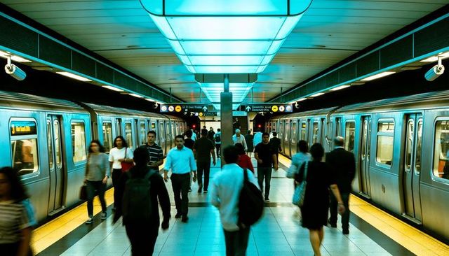 City commuters walking subway platform under turquoise ceiling lights during rush hour