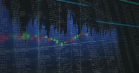 Futuristic trading screen with candlestick chart and data streams