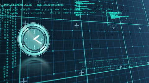 Neon Clock Animation with Data Grid Technology Background