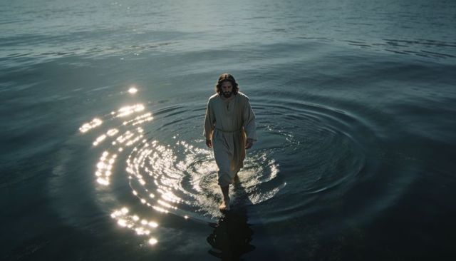 Bearded man walking through sunlit teal lake wading barefoot in robe creating ripples