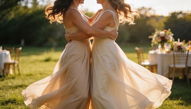 Two brides spinning and embracing at outdoor wedding reception in flowing ivory gowns