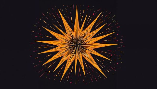 Textured orange starburst radiating on dark field with festive colored flecks