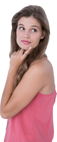Transparent woman fingertip chin thought scenario