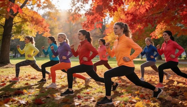 Women exercising in autumn park performing synchronized forward lunges for group fitness