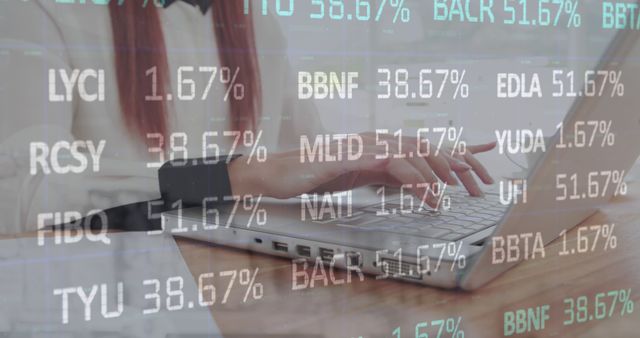 Image of stock market data processing against mid section of a woman using laptop - Download Free Stock Photos Pikwizard.com