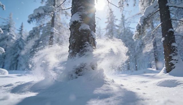 Sunlit snow swirling around tree trunk in winter conifer forest with frost halo, sparkle