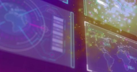 Displaying holographic ui panels with translucent world map and neon data dashboard