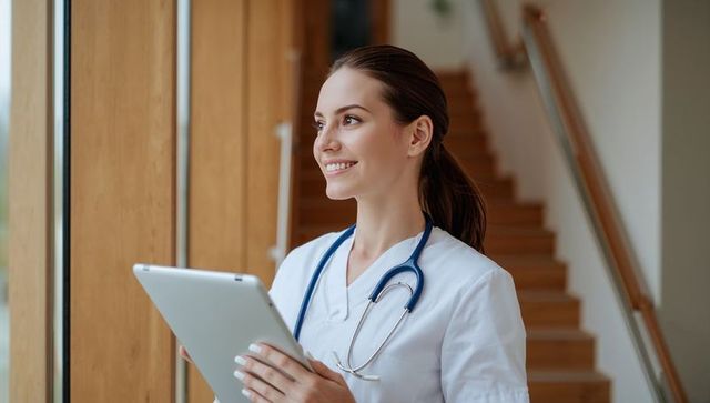 Smiling Female Nurse Holding Tablet in Bright Hospital Cafeteria