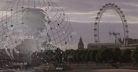 Digital Globe Data Visualization Over Thames with London Eye Background