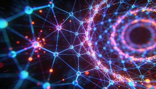 Neon neural network tunnel of glowing nodes and interconnected mesh spiraling into void