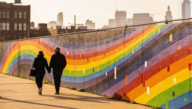 Couple walking hand in hand along rainbow mural at sunset with city skyline
