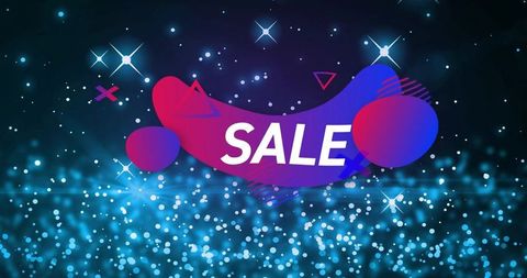 Promoting neon gradient sale banner with sparkling bokeh, abstract shapes and icons