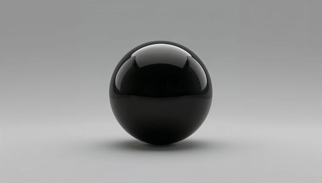Glossy black sphere reflecting studio highlights on minimal gray background for branding