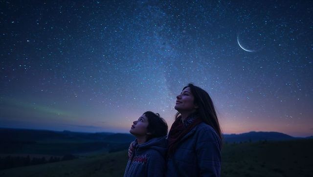 Mother and Daughter Enjoy Night Sky under Crescent Moon