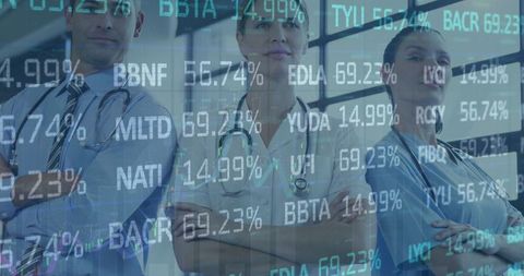 Medical Team with Financial Data Overlay Illustrating Healthcare Economy
