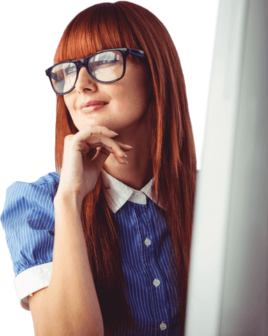 Transparent Thoughtful Woman Wearing Glasses and Blue Shirt