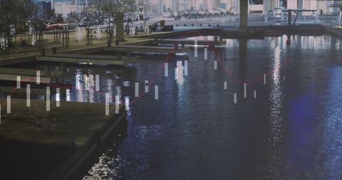 City Waterfront Night Reflection with Data Overlay