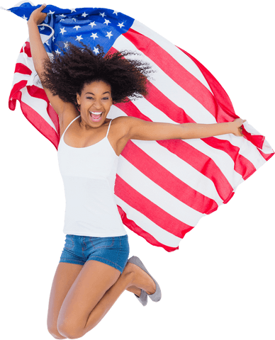 Joyful Young Woman Celebrating with American Flag on Transparent Background
