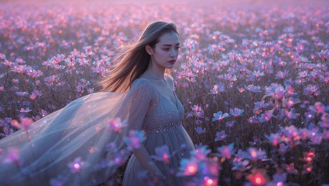 Elegantly dressed woman in bloom lit field at sunset