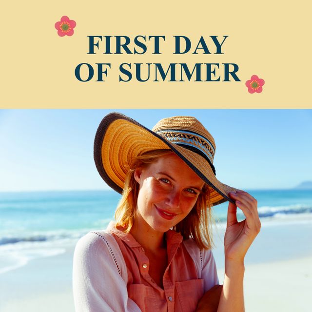 Smiling Woman Enjoying Sunny Beach on First Day of Summer - Download Free Stock Templates Pikwizard.com