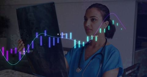 Nurse Analyzing X-ray with Technology Overlay in Modern Clinic