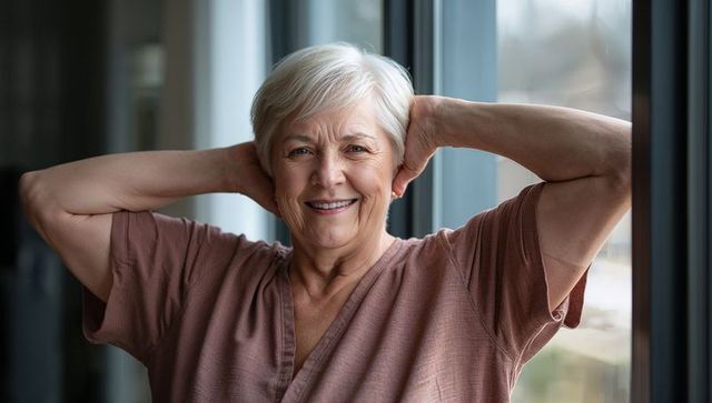 Smiling senior woman relaxing by window with hands behind head, soft daylight