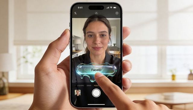 Hand holding smartphone tapping faceid authentication with woman in bright kitchen