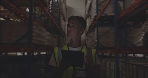 Warehouse Worker with Tablet Managing Inventory in Metal Shelving