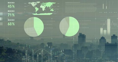 Overlaying interactive dashboard with world map, pie charts and candlesticks over skyline
