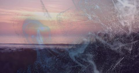 Ethereal Abstract Particles on Serene Coastal Horizon