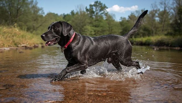 Playful black labrador retrieving in shallow creek amid nature