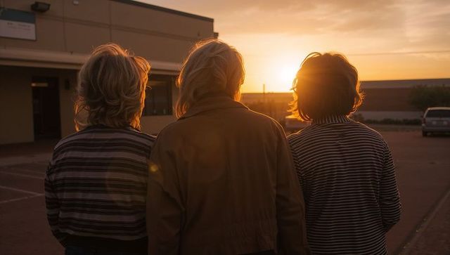 Three women watching sunset in empty parking lot backlit silhouettes and lens flare